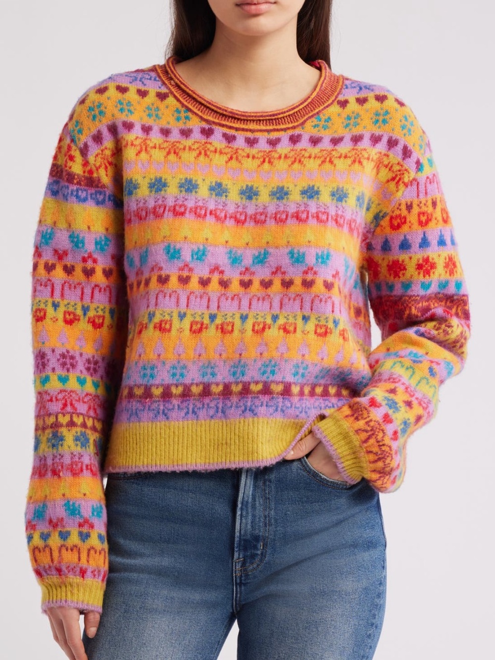NWT Free Prople Favorite Things Mixed Print Wool Blend Sweater - Picture 6 of 13